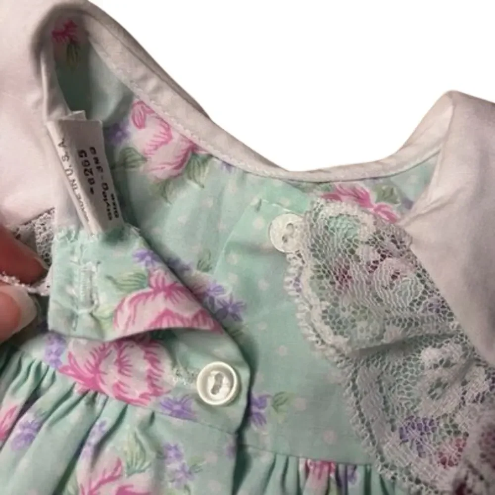 VTG Bryan & Co. Baby Girls Dress Size 0-3 Months Pastel Green Pink Floral Lace T